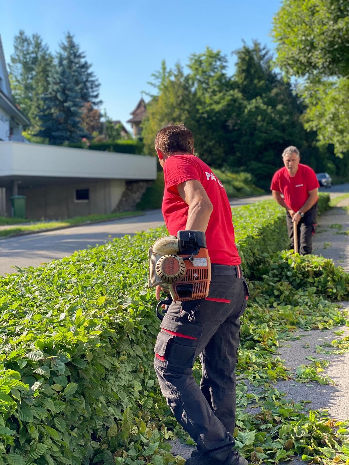Zwei Paloka-Mitarbeitende pflegen gemeinsam eine Hecke entlang eines Gehwegs.